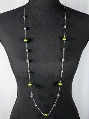 Paparazzi Green Pearl Beaded Necklace & Earrings Set Silver Tone Jewelry